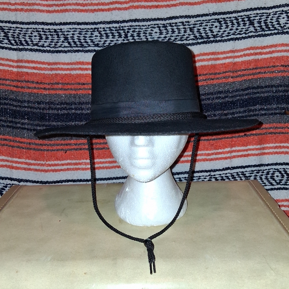 J Hats Black Wool Goucho Cowboy Hat with Chin Strap And Ribbon Detail